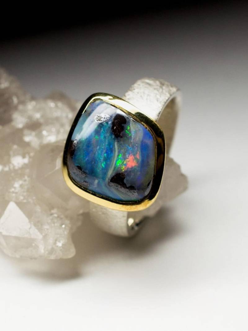 Boulder Opal Ring Silber Vergoldet Vintage-stil Blau Solitär Natürliche Solide Australian Schmuck Regenbogen Edelstein 6, 25 Größe von uniquecrystaljewels