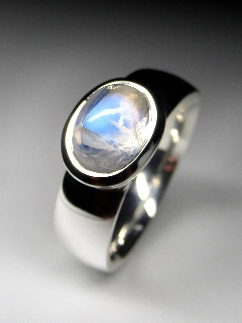 Mondstein Ring Silber Unisex Schmuck Blauer Regenbogen Adularia Edelstein Fine Men Juni Birthstone Art von uniquecrystaljewels