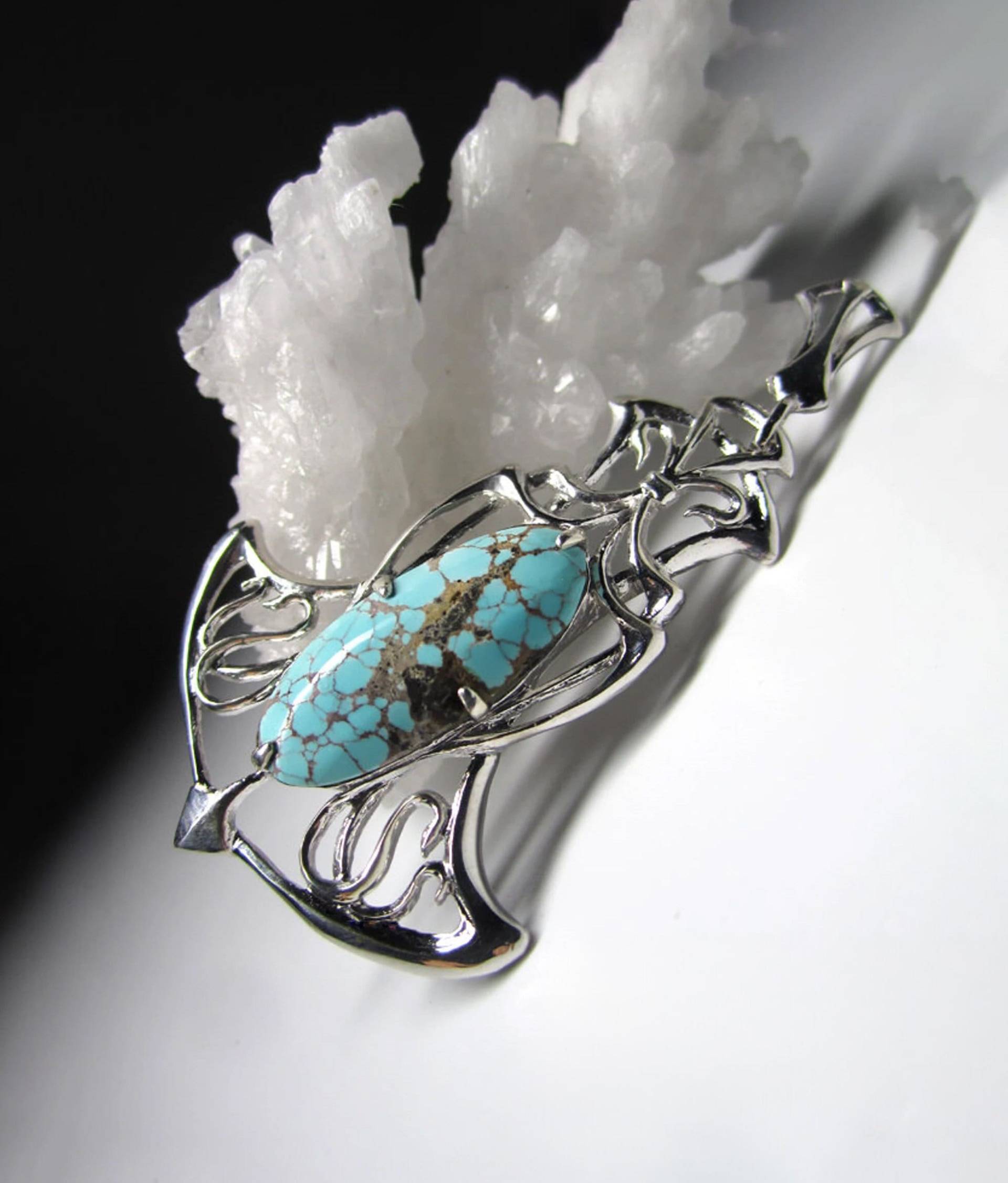 Nishapur Türkis Silber Anhänger Gemustert Cabochon Cyan Blau Farbe Natürlicher Edelstein Unisex Fantasie Form Jugendstil von uniquecrystaljewels