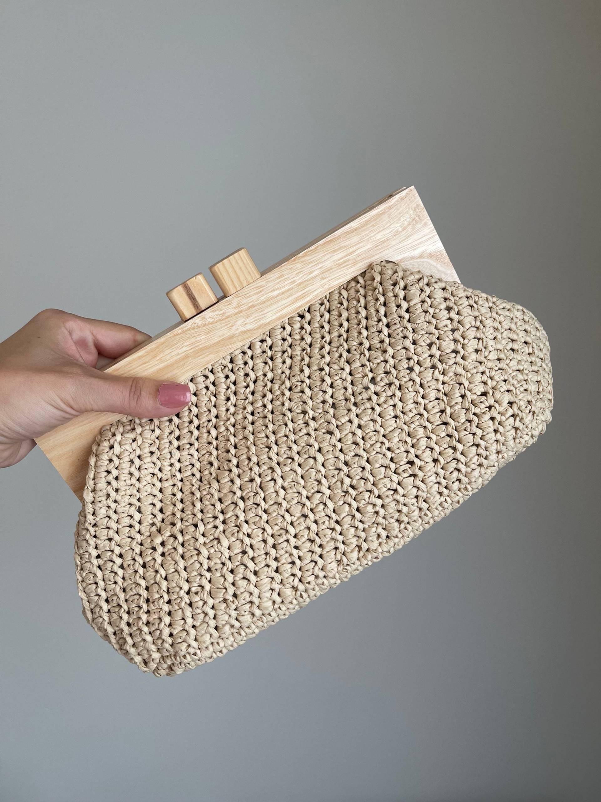 Raffia-Tasche, Stroh-Clutch-Geldbörse, Stroh-Handtasche, Handgewebte Tasche, Luxus-Häkeltasche Handgefertigte Holzstricktasche von uniquedesignbyipek