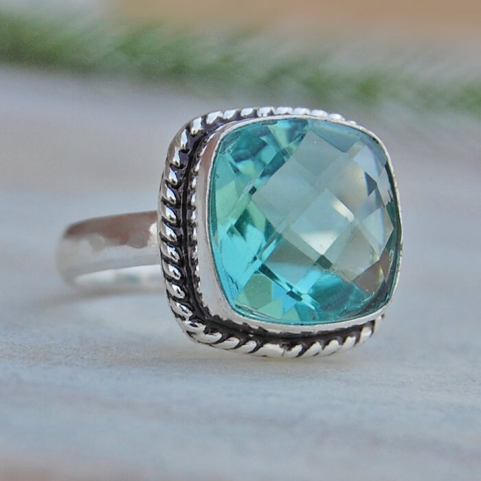 Apatit Quarz Sterling Silber Ring Aqua Edelstein Im Kissenschliff von uniquegemsjewels