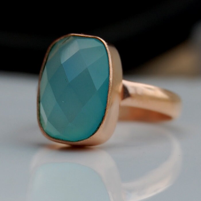Aqua Chalcedon Ring 18K Roségold, Sterling Silber von uniquegemsjewels