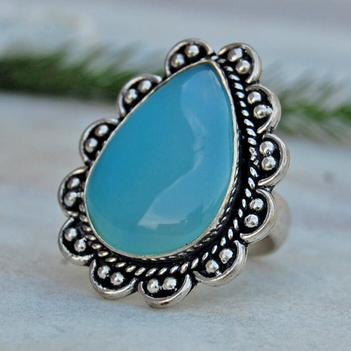 Aqua Chalcedon Sterling Silber Ring Cabochon Handgemachter Schmuck von uniquegemsjewels