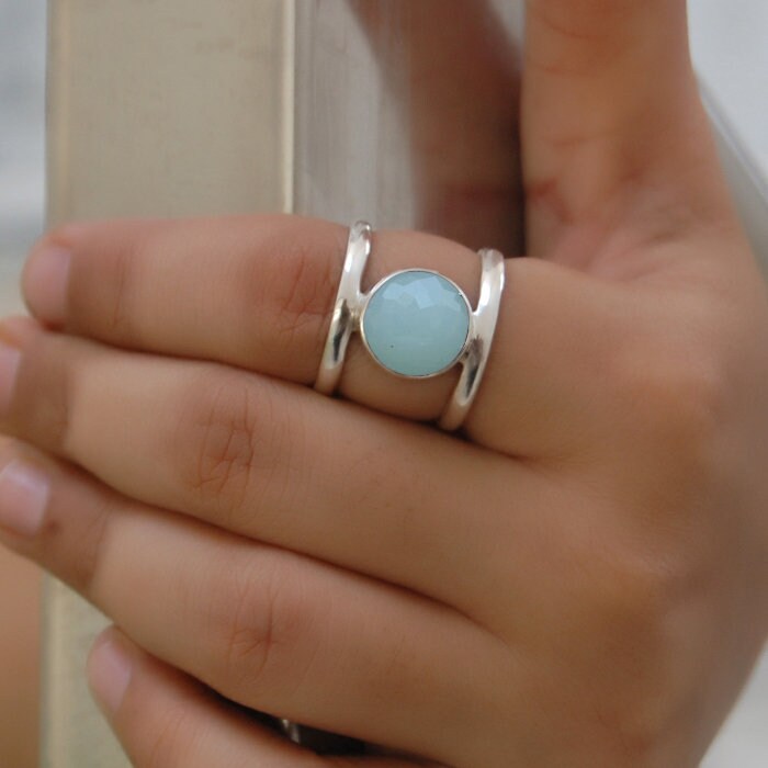 Aqua Chalcedon Sterling Silber Ring Edelstein Rose Cut, Sternzeichen Schmuck von uniquegemsjewels
