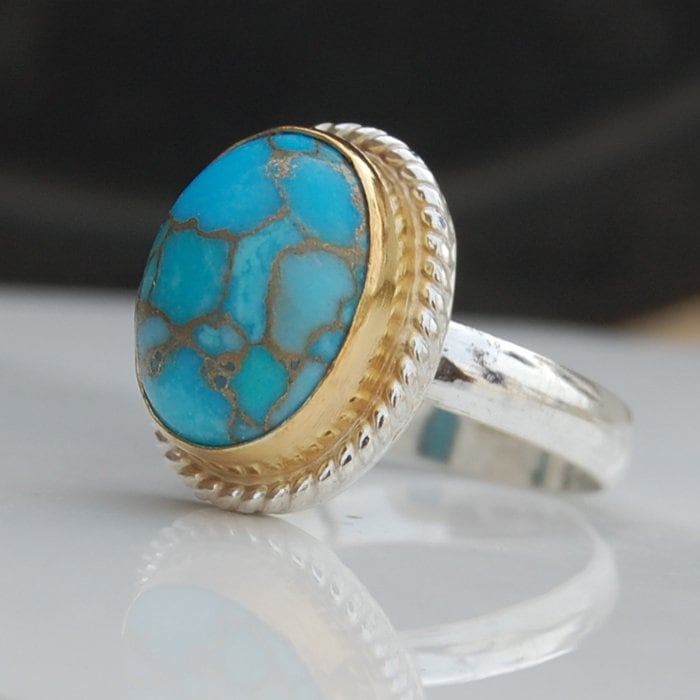 Blauer Kupfer Türkis Ring Zweifarbiges 925 Sterling Silber, Vergoldet von uniquegemsjewels