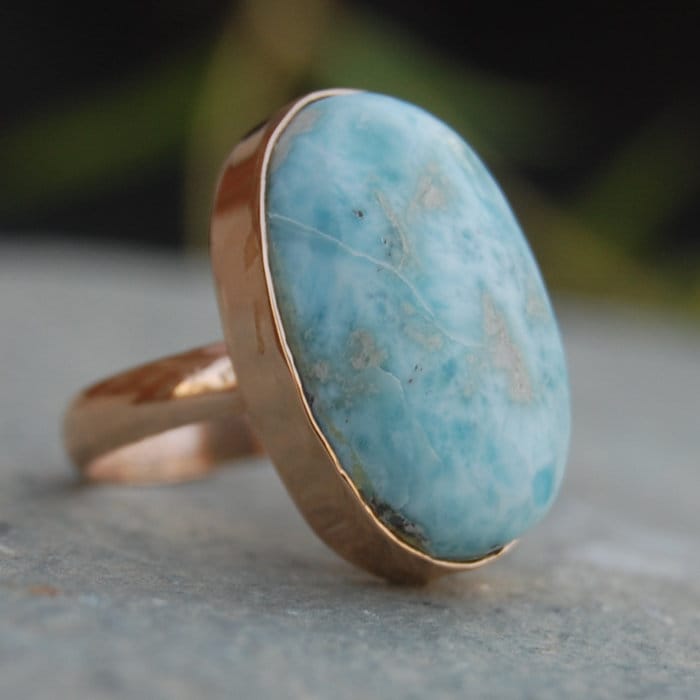 Blauer Larimar Sterling Silber Ring 18K Gold Statement Schmuck von uniquegemsjewels