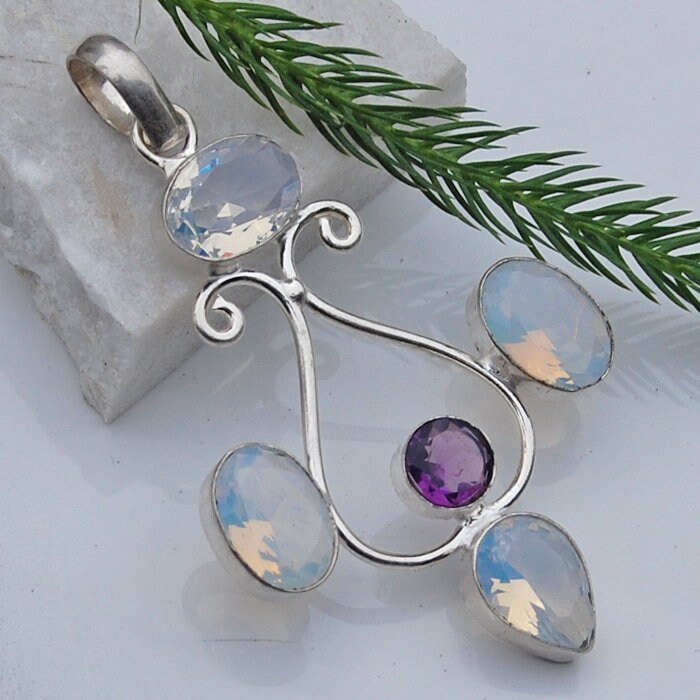 Blauer Opalith & Amethyst 925 Sterling Silber Anhänger von uniquegemsjewels