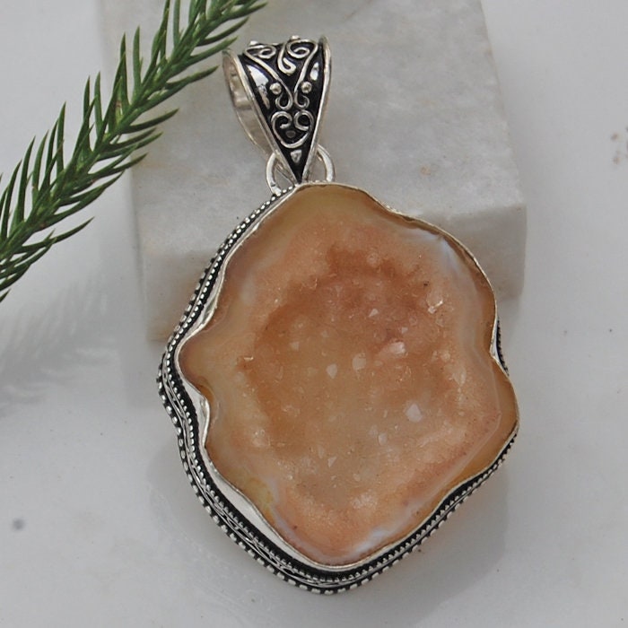 Braun Chalcedon Druzy Anhänger Sterling Silber Schmuck Geschenk von uniquegemsjewels
