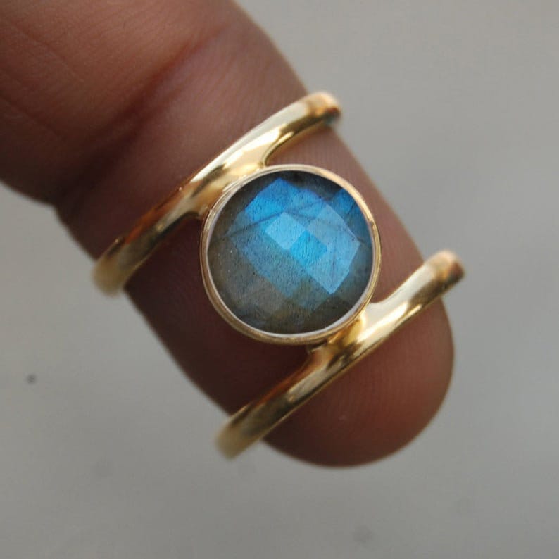 Facettierter Blauer Labradorit Ring 925 Sterling Silber, 18K Gold von uniquegemsjewels