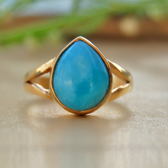 Larimar Sterling Silber Ring 18K Gold Akzent, Natürlicher Edelstein von uniquegemsjewels
