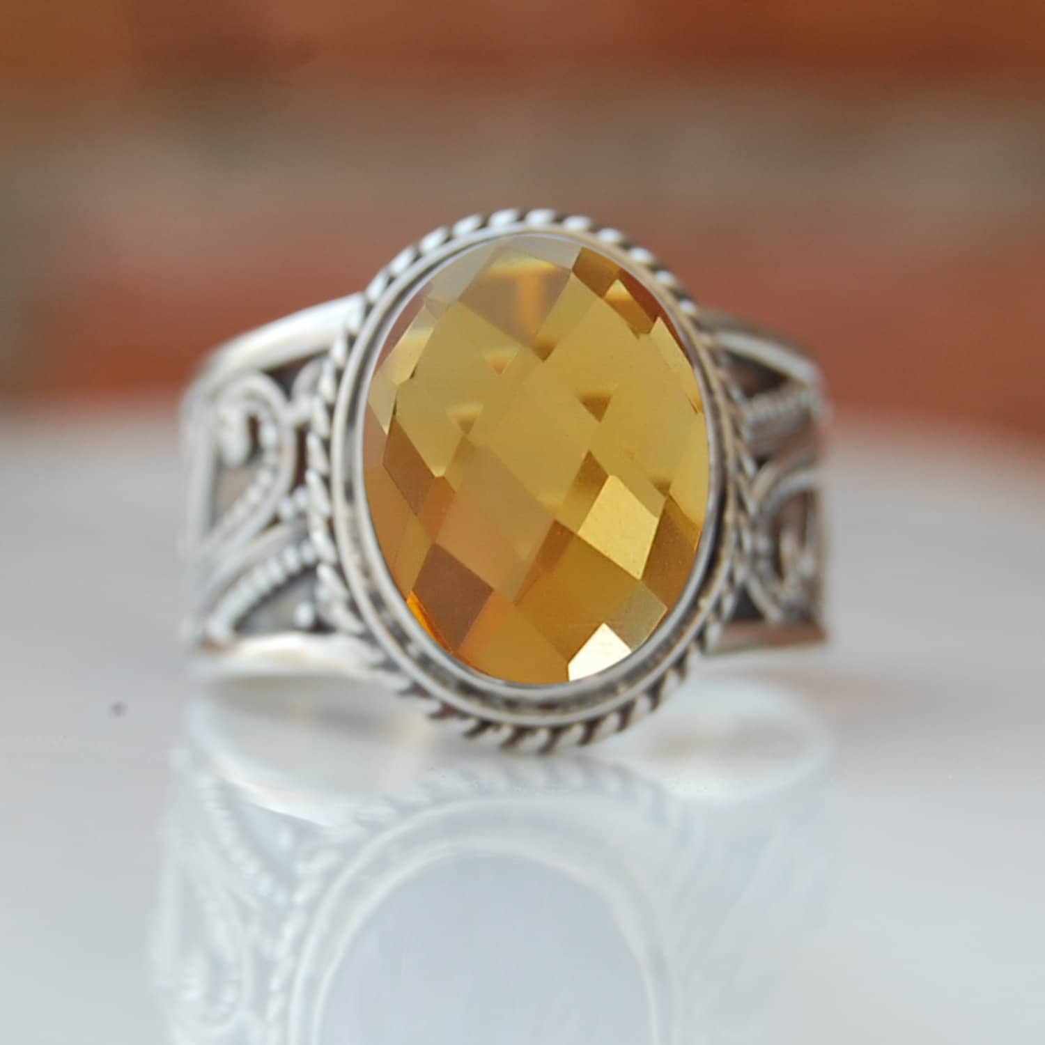 Oval Mandarin Citrin Quarz Ring Vintage Style 925 Sterling Silber von uniquegemsjewels