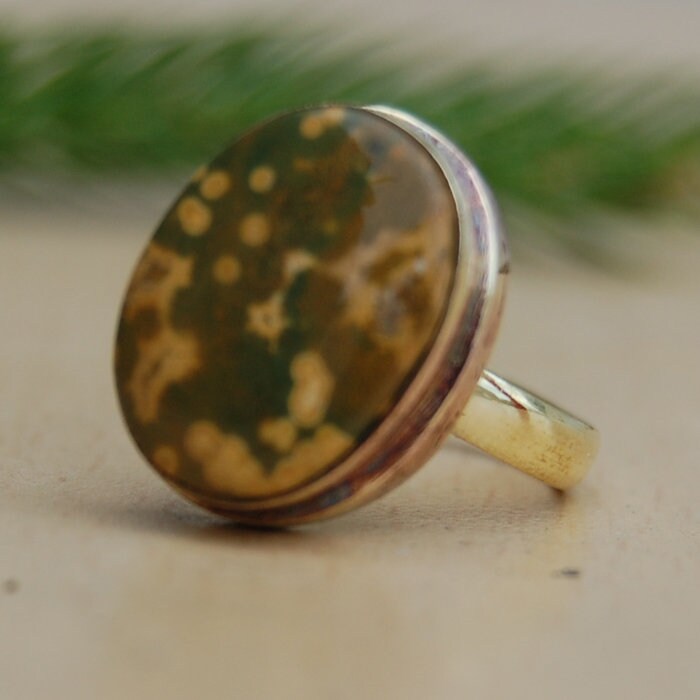 Oval Ozean Jaspis Ring Grüner Stein, 925 Sterling Silber, 18K Gold von uniquegemsjewels