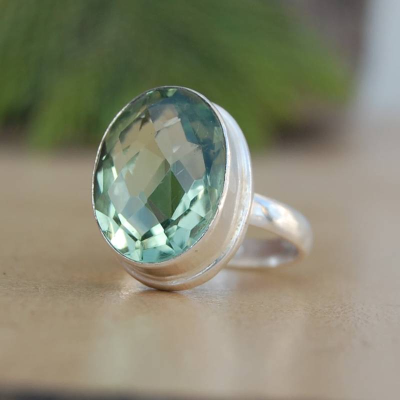 Ovaler Prasiolith Ring Grüner Amethyst, 18K Vergoldung Sterling Silber von uniquegemsjewels