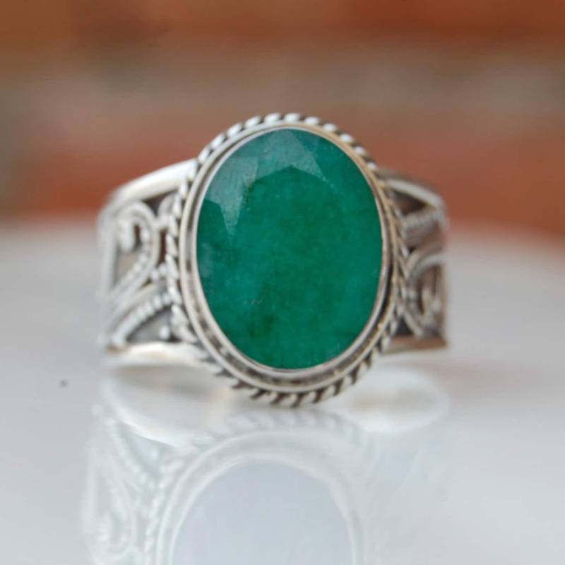 Ovaler Smaragd Sterling Silber Ring Vintage Style Grüner Edelstein von uniquegemsjewels