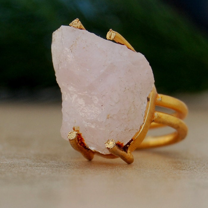 Roher Rosenquarz Ring 925 Sterling Silber, Rose/Gelb Gold Fill von uniquegemsjewels