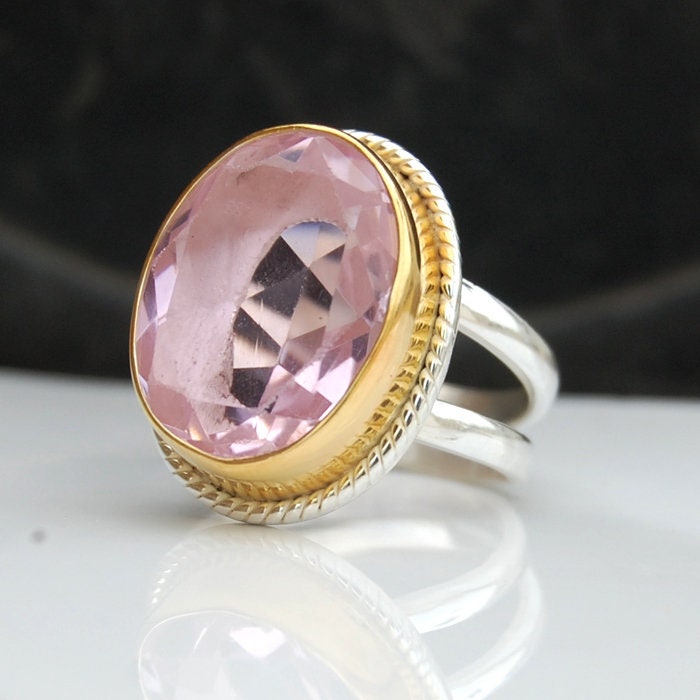 Rosenquarz Sterling Silber Ring Zwei Ton Vergoldet Statement Schmuck von uniquegemsjewels