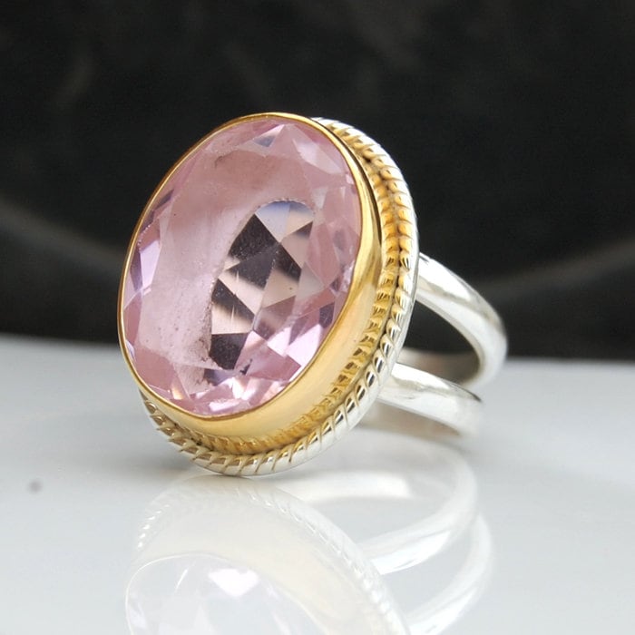 Rosenquarz Sterling Silber Ring Zwei Ton Vergoldet Statement Schmuck von uniquegemsjewels