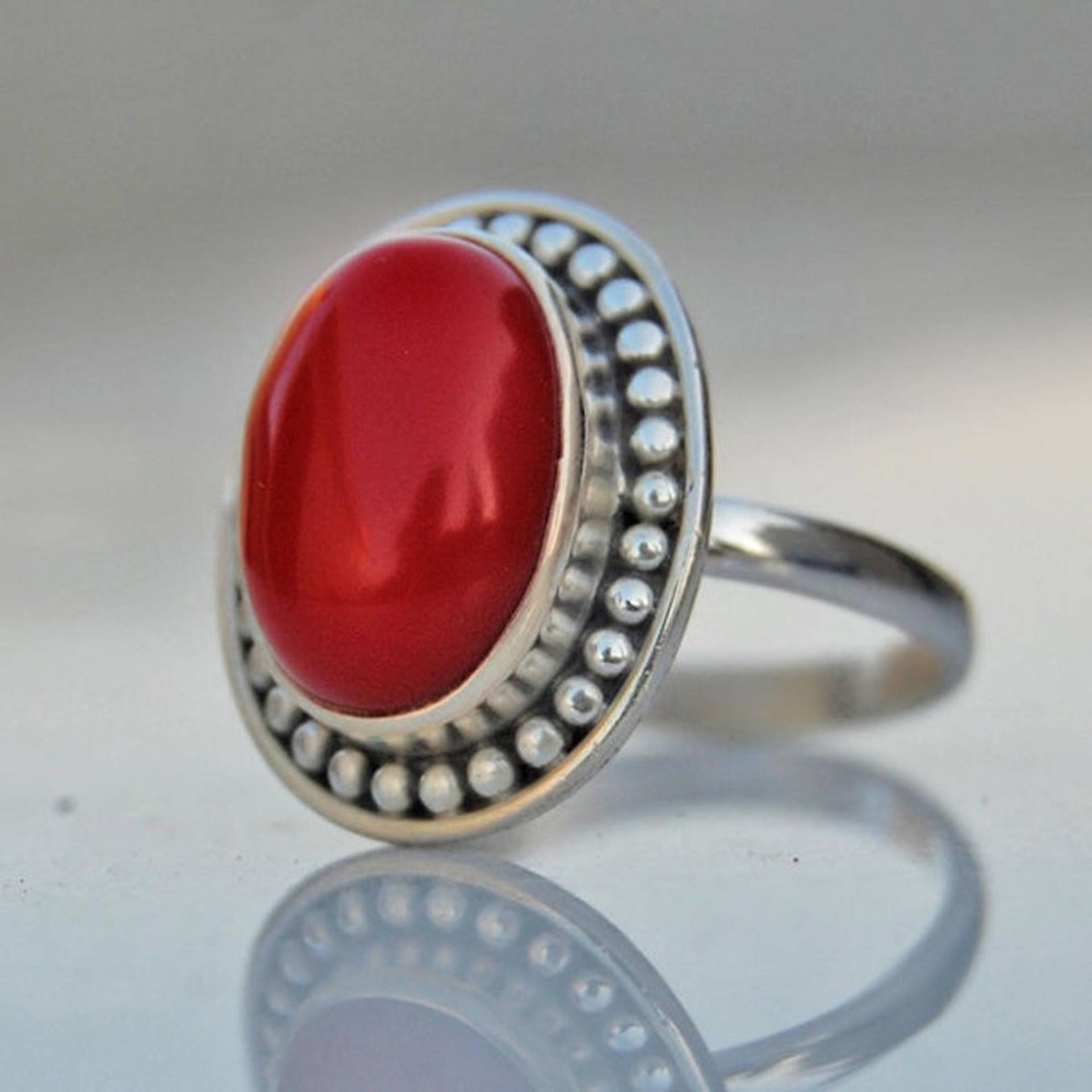 Rote Koralle Edelstein-Ring Oval Cabochon, 925 Sterling Silber von uniquegemsjewels