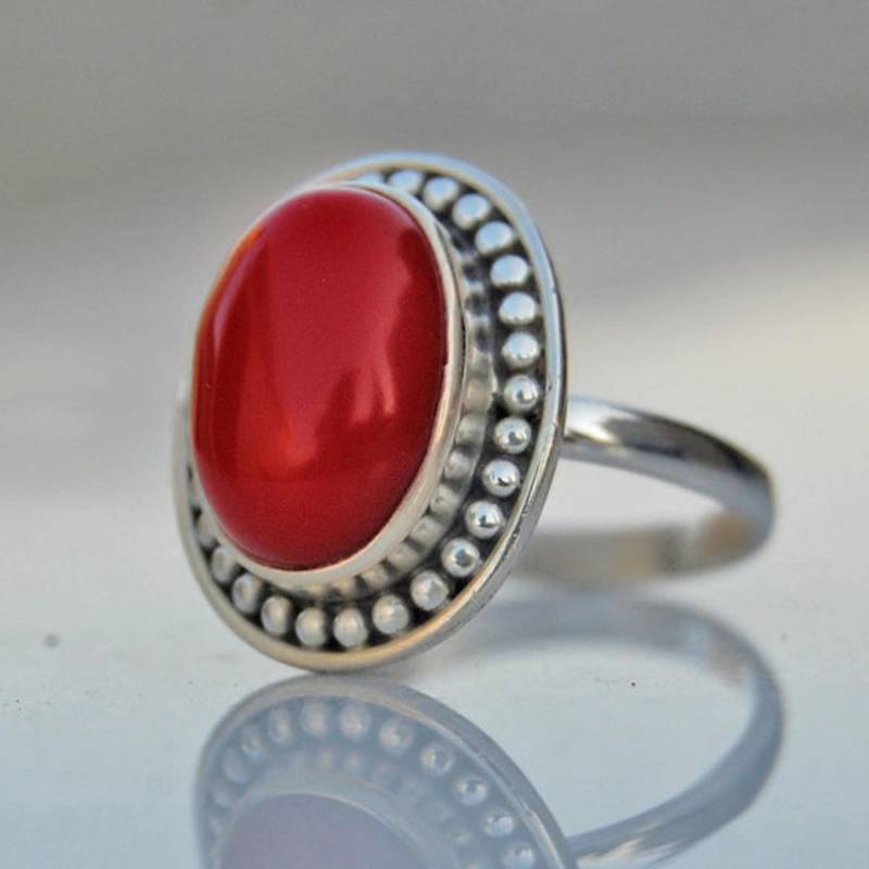 Rote Koralle Edelstein-Ring Oval Cabochon, 925 Sterling Silber von uniquegemsjewels