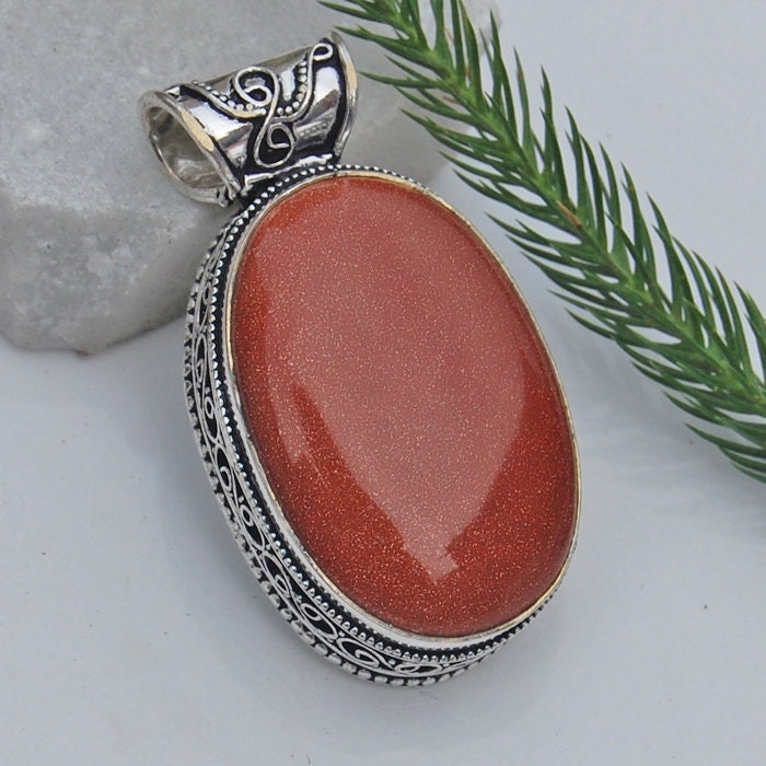 Rote Sonne Sitara Sterling Silber Anhänger Ovaler Edelsteinschmuck von uniquegemsjewels
