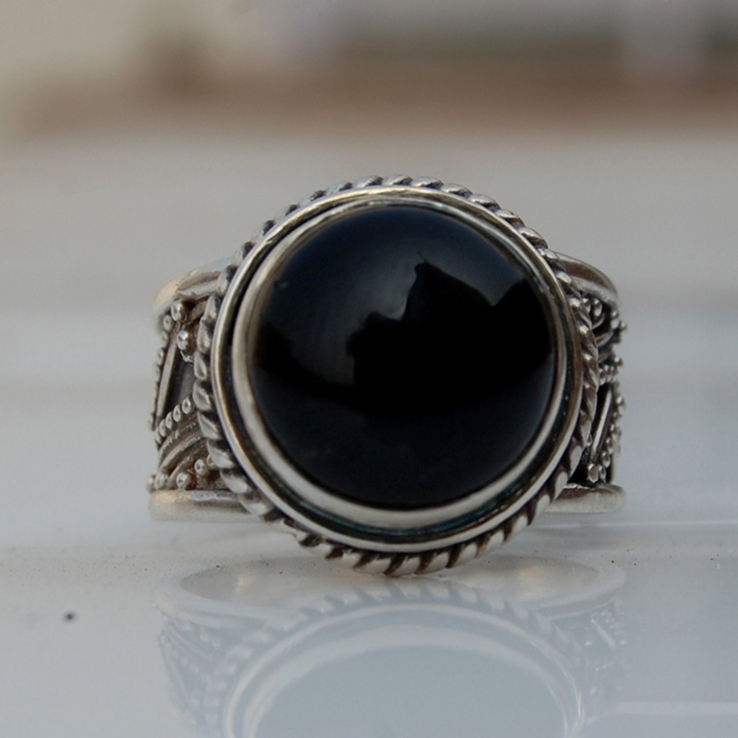 Schwarzer Onyx Sterling Silber Ring Runder Cabochon Sternzeichen Schmuck von uniquegemsjewels