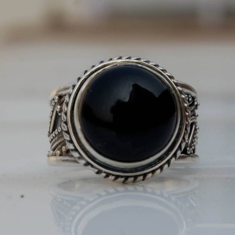 Schwarzer Onyx Sterling Silber Ring Runder Cabochon Sternzeichen Schmuck von uniquegemsjewels