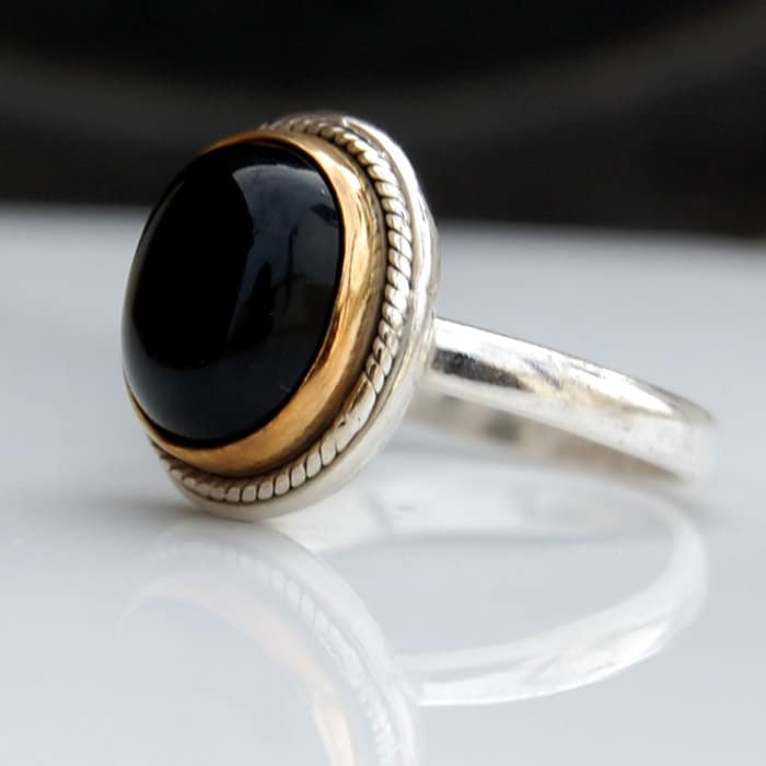 Schwarzer Onyx Sterlingsilber Ring Gelbgold Überzogener Zweifarbiger Statement Schmuck von uniquegemsjewels