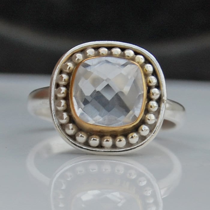 Weißer Topas Ring Im Kissenschliff Zweifarbiges Sterling Silber, Gelbgold Vergoldet von uniquegemsjewels
