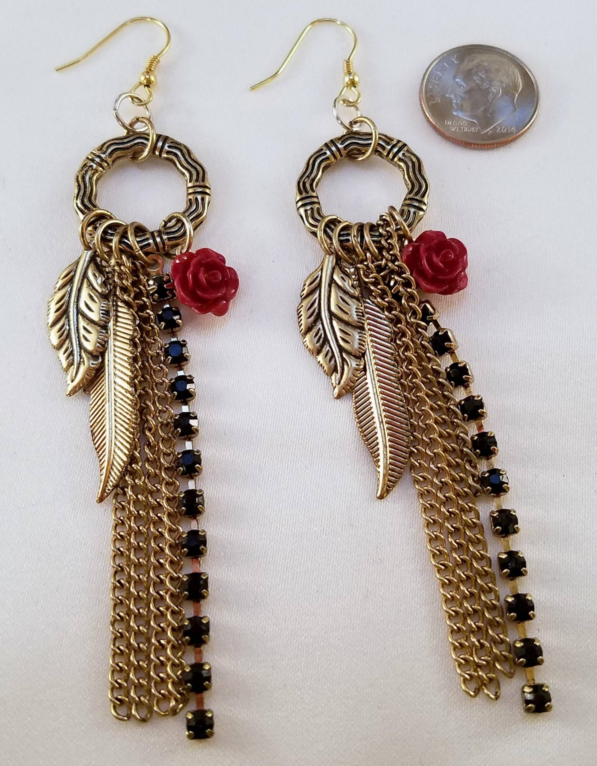 Gold Creolen Baumeln Rose Ohrring Gold Creolen Baumeln Rose Ohrring von uniquejewelrybypb