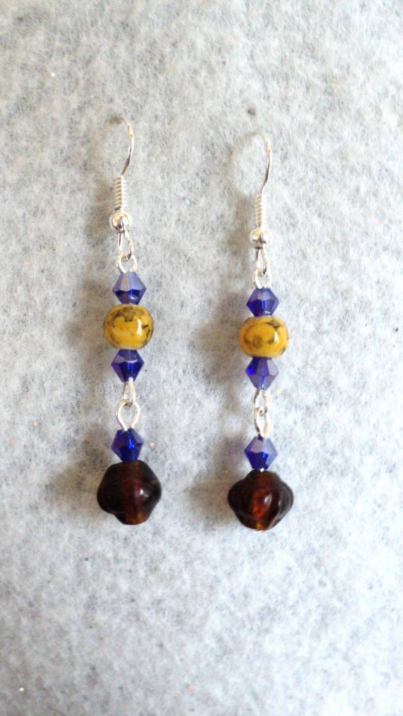 Handgemachte Perlenohrringe, Blau, Gelb & Braune Kristallglasperlen von uniquelyyours2010