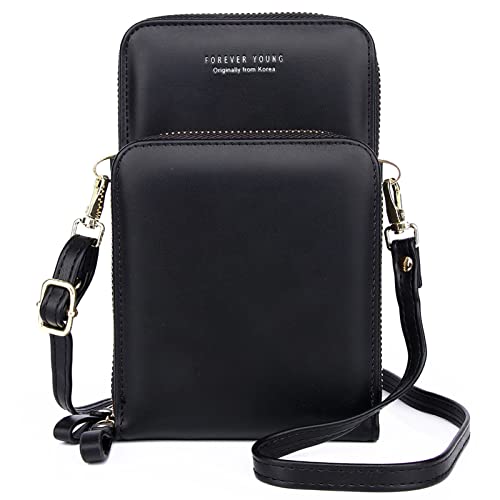 unisoul Kleine Handy Umhängetasche - PU Leder Geldbörse Damen Portemonnaie Crossbody Schultertasche reisepass Handytasche mit Kartenfächer Verstellbar Abnehmbar Schultergurt, Schwarz von unisoul