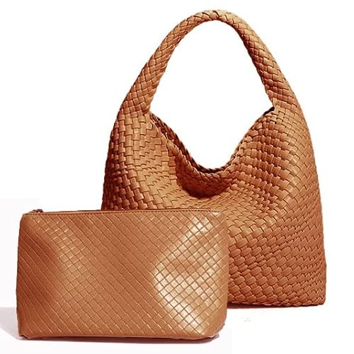 unisoul Handtaschen Damen 2-teiliges Set Shopper Damen Groß PU Leder Retro Gewebte Schultertasche Mode Umhängetasche Tote Bag Für Frauen, Klassisch Henkeltasche Kosmetiktasche Arbeit Freizeit Tasche von unisoul