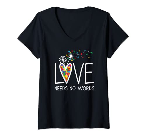 Damen Love Needs No Words Autismus Bewusstsein Herz Puzzle Löwenzahn T-Shirt mit V-Ausschnitt von unknow
