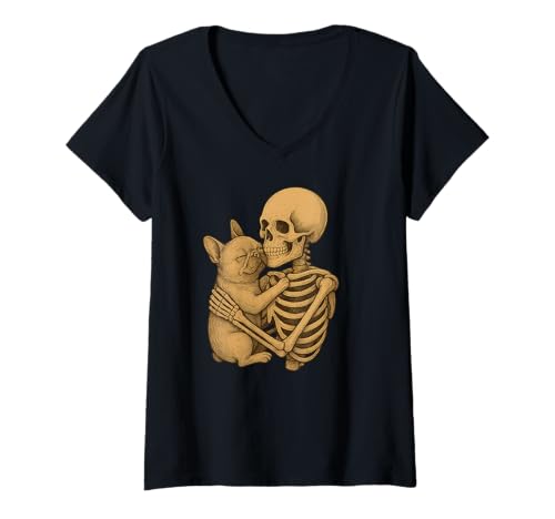 Damen Skelett umarmt Frenchie Dog Halloween T-Shirt mit V-Ausschnitt von unordentliches Brötchen Haar Frenchie Mom Tee