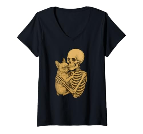 Damen Skelett umarmt Frenchie Dog Halloween T-Shirt mit V-Ausschnitt Damen Skelett umarmt Frenchie Dog Halloween T-Shirt mit V-Ausschnitt von unordentliches Brötchen Haar Frenchie Mom Tee