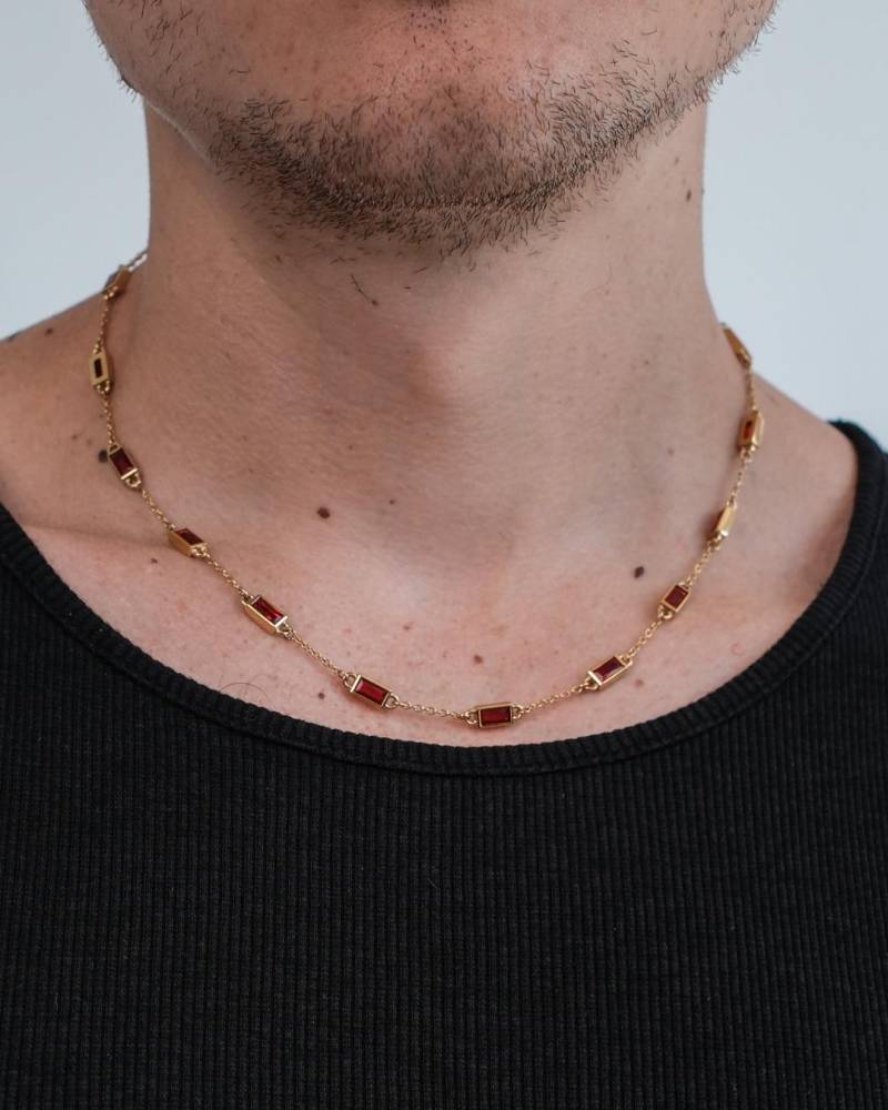 Dünne Gemstone Kette in Rubin Rot Aus Edelstahl Und Zirkonia Steinen 18K Gold - Herren Red Tennis Chain Necklace By Unshinebar von unshinebar