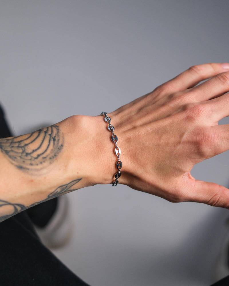 Dünnes Coffee Bean Armband in Silber Aus Edelstahl - Herren Goth Coffeebean Wire Bracelet For Men & Women By Unshinebar von unshinebar