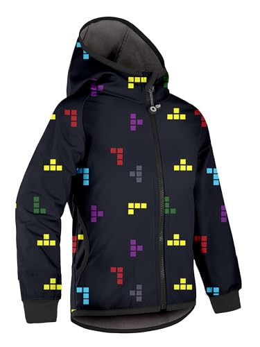 unuo Kinder Softshelljacke mit Fleecefutter und Kapuze, wasserabweisende und winddichte Outdoor Full-Zip Funktionsjacke, atmungsaktive Kinderjacke BASIC, Schwarz, Magische Blumen von unuo