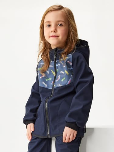 unuo Kinder Softshelljacke mit Fleecefutter und Kapuze, wasserabweisende und winddichte Outdoor Full-Zip Funktionsjacke, atmungsaktive Kinderjacke BASIC, Dunkel Blau, Autos von unuo