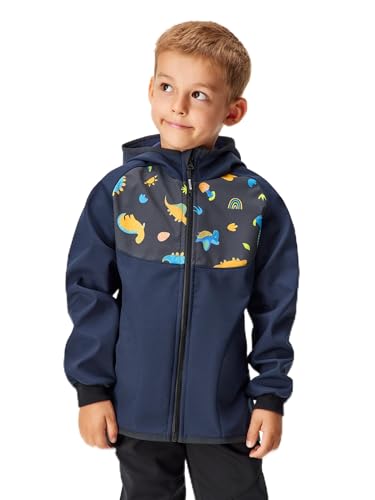 unuo Kinder Softshelljacke mit Fleecefutter und Kapuze, wasserabweisende und winddichte Outdoor Full-Zip Funktionsjacke, atmungsaktive Kinderjacke BASIC, Dunkel Blau, Dinosaurier von unuo