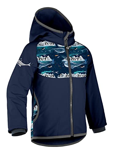 unuo Kinder Softshelljacke mit Fleecefutter und Kapuze, wasserabweisende und winddichte Outdoor Full-Zip Funktionsjacke, atmungsaktive Kinderjacke BASIC, Dunkel Blau, Pinguine von unuo
