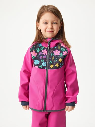 unuo Kinder Softshelljacke mit Fleecefutter und Kapuze, wasserabweisende und winddichte Outdoor Full-Zip Funktionsjacke, atmungsaktive Kinderjacke BASIC, Fuchsia, Blumen von unuo