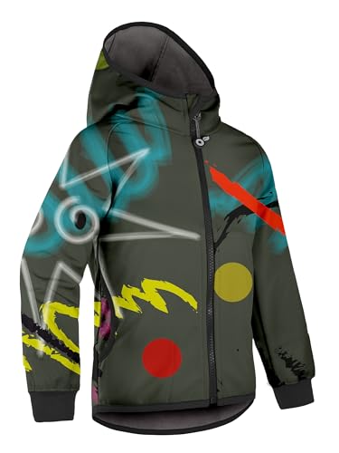 unuo Kinder Softshelljacke mit Fleecefutter und Kapuze, wasserabweisende und winddichte Outdoor Full-Zip Funktionsjacke, atmungsaktive Kinderjacke BASIC, Khaki, Fantasie von unuo