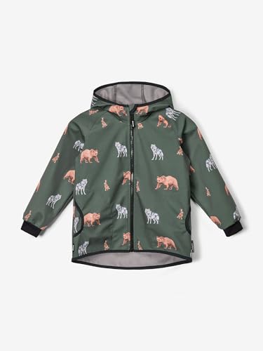 unuo Kinder Softshelljacke mit Fleecefutter und Kapuze, wasserabweisende und winddichte Outdoor Full-Zip Funktionsjacke, atmungsaktive Kinderjacke BASIC, Khaki, Waldtiere von unuo