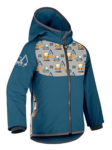 unuo Kinder Softshelljacke mit Fleecefutter und Kapuze, wasserabweisende und winddichte Outdoor Full-Zip Funktionsjacke, atmungsaktive Kinderjacke BASIC, Kobalt, Bagger von unuo