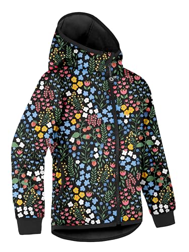 unuo Kinder Softshelljacke mit Fleecefutter und Kapuze, wasserabweisende und winddichte Outdoor Full-Zip Funktionsjacke, atmungsaktive Kinderjacke BASIC, Schwarz, Garten von unuo