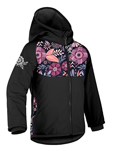 unuo Kinder Softshelljacke mit Fleecefutter und Kapuze, wasserabweisende und winddichte Outdoor Full-Zip Funktionsjacke, atmungsaktive Kinderjacke BASIC, Schwarz, Magische Blumen von unuo