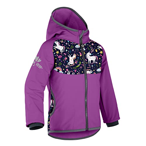 unuo Kinder Softshelljacke mit Fleecefutter und Kapuze, wasserabweisende und winddichte Outdoor Full-Zip Funktionsjacke, atmungsaktive Kinderjacke BASIC, Violett, Einhörner von unuo