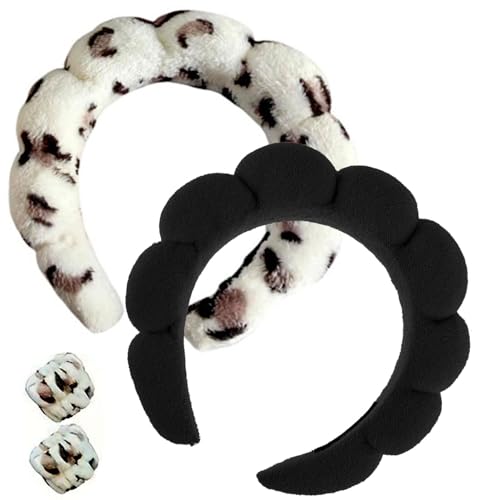 Spa-Frottee-Stirnband – weiches, geschwollenes Hautpflege-Stirnband mit Gesichtswasch-Armbändern für Damen (schwarz, weiß, brauner Leopard) von uoouoo