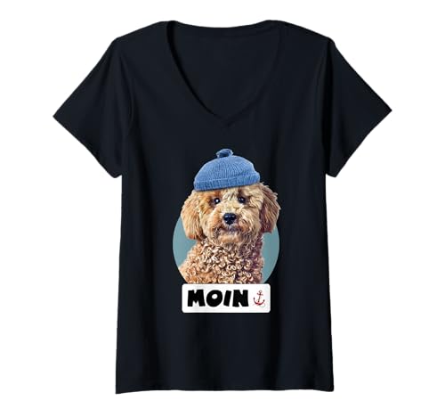 Damen Moin Spruch Motiv Pudel-mütze Design Norden Norddeutsch-Land T-Shirt mit V-Ausschnitt von upArt lustig-e Hund-e Hundeliebhaber Geschenk-idee